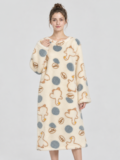 Long Loose Nightgown Cream Beige with Print