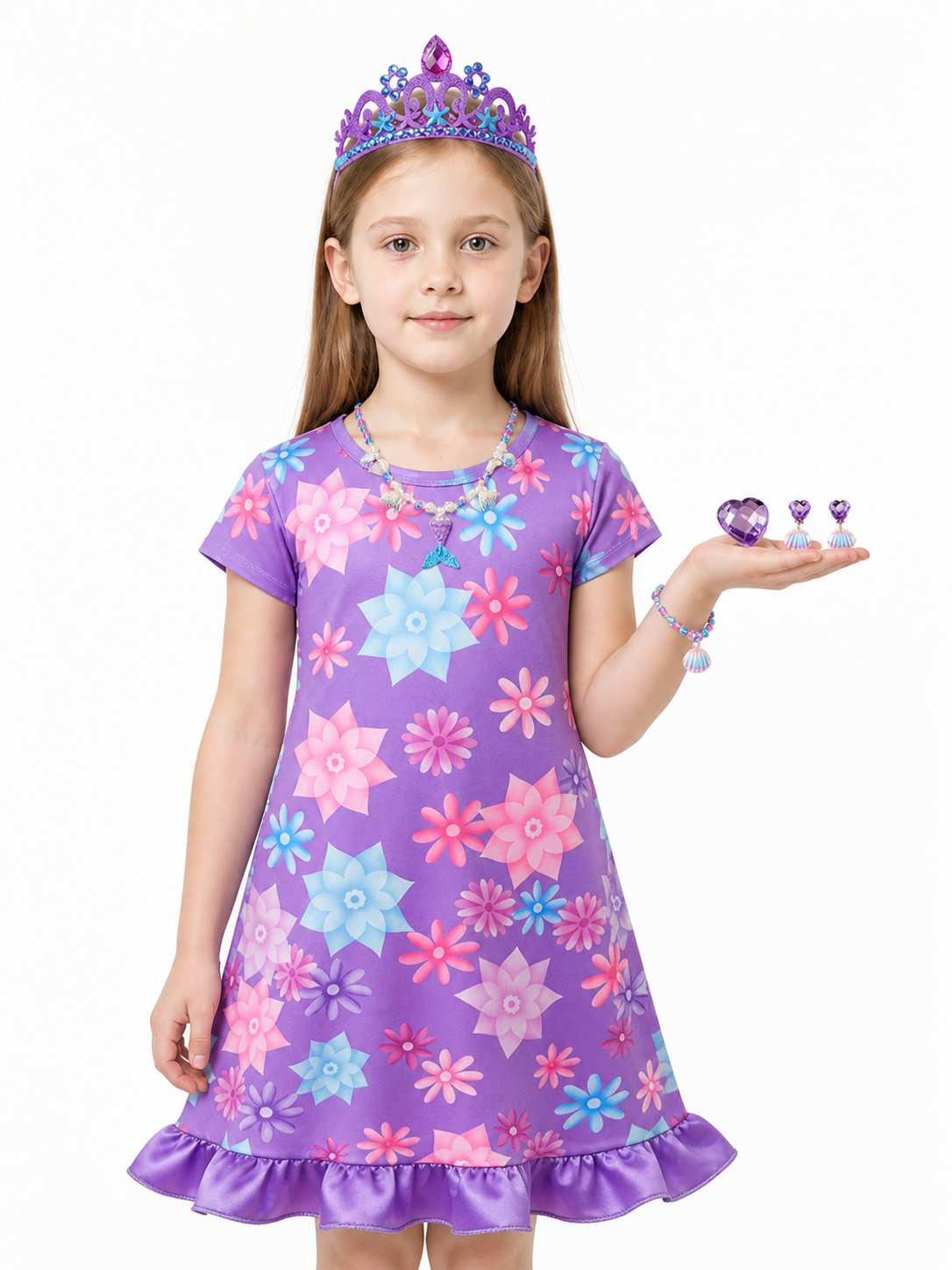Purple Dress with Floral Print and Crown