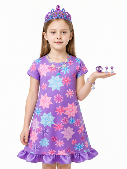 Purple Dress with Floral Print and Crown