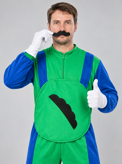 Super Mario costume with mustache and gloves