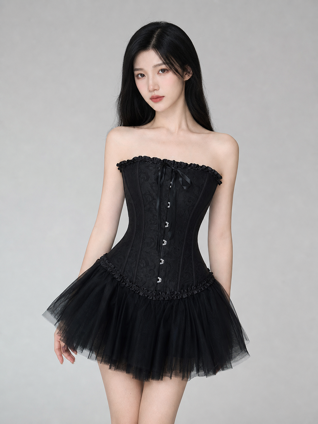 Gothic costume with corset, veil, and gloves