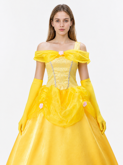 Yellow Ball Gown with Full Skirt and Flowers Costume Dresses detail 2