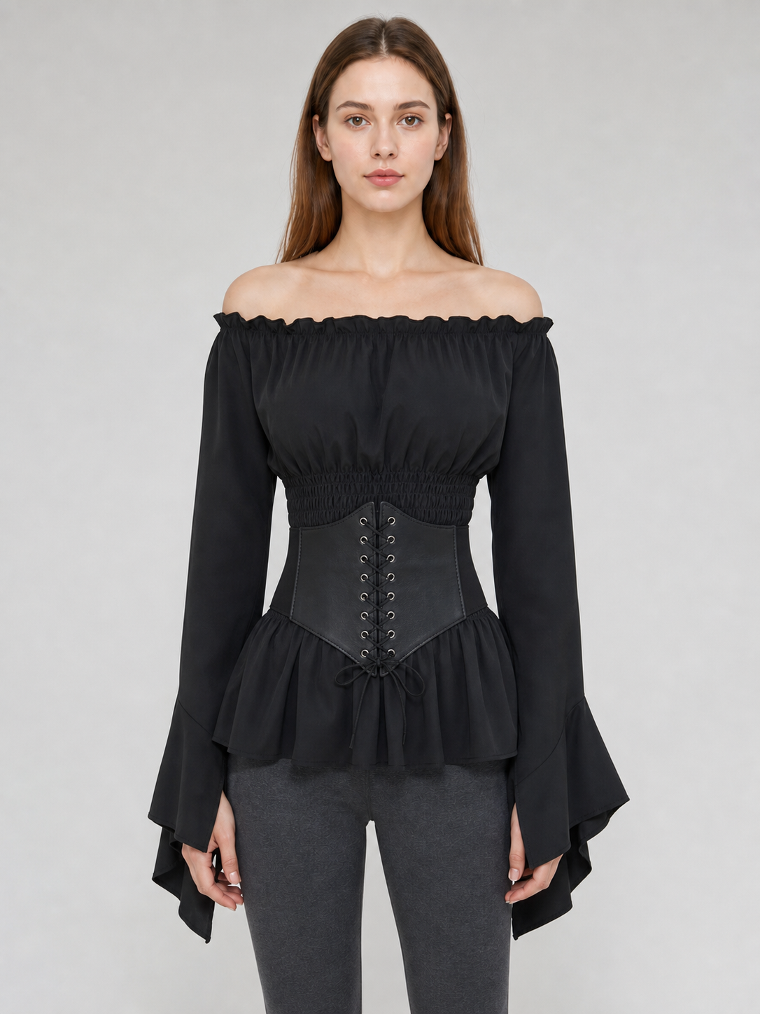 Black Gothic Peplum Top with Lace-Up Belt