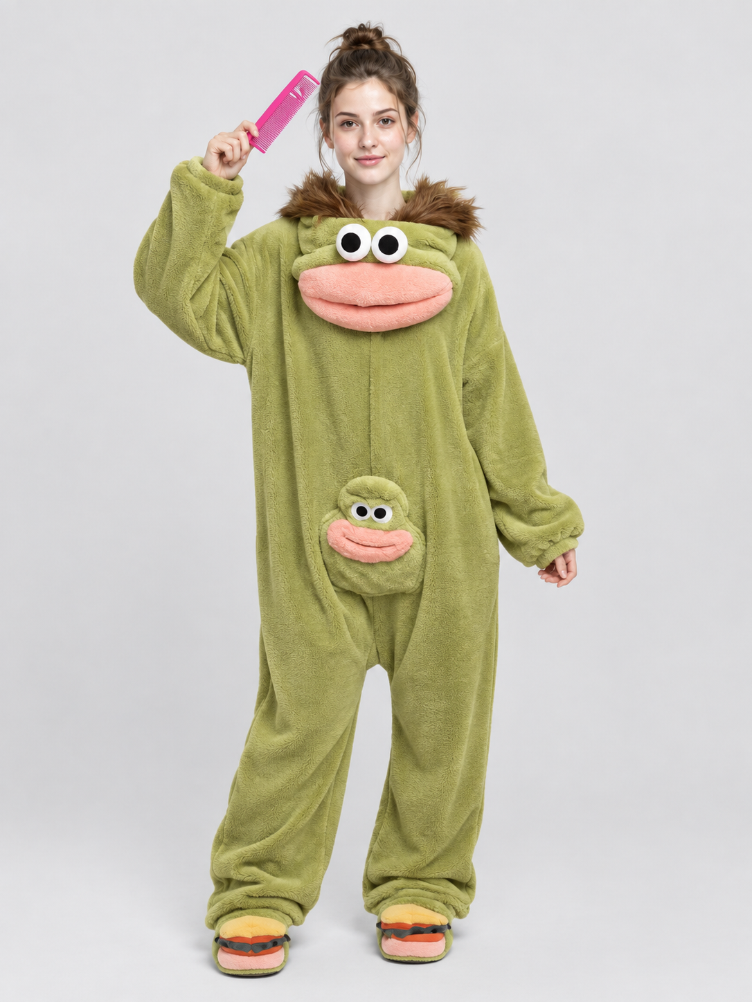 Olive Green Pajama Jumpsuit with Cartoon Design