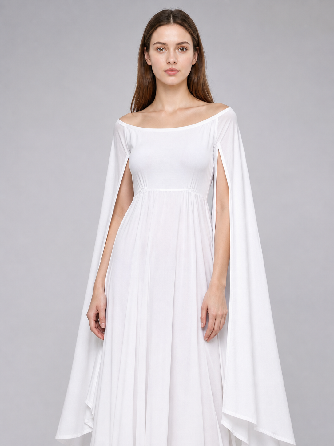 White Dress with a Square Neckline and Wide Sleeves