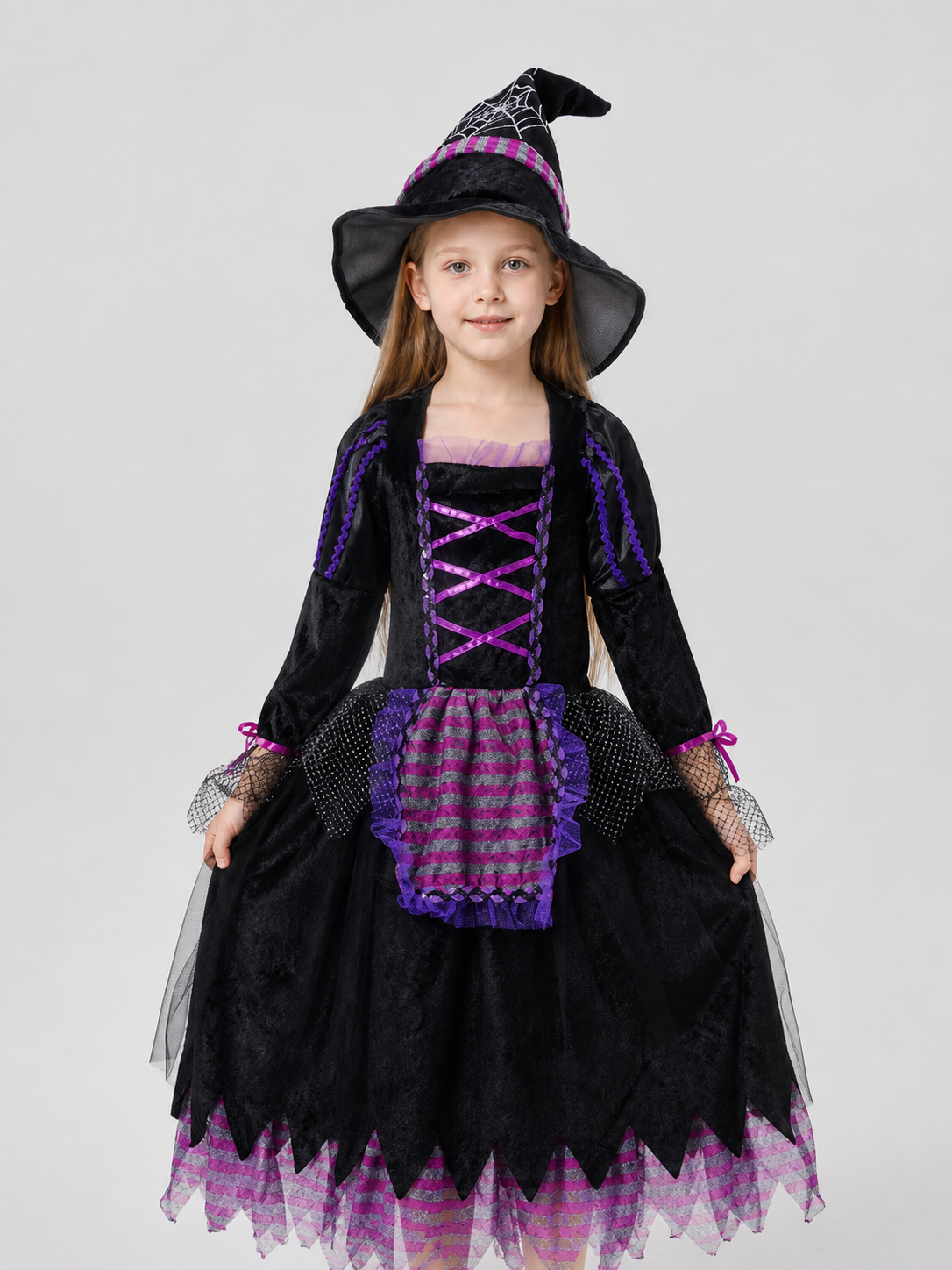Children's Purple Witch Dress with Full Skirt and Hat Costume Dresses detail 2