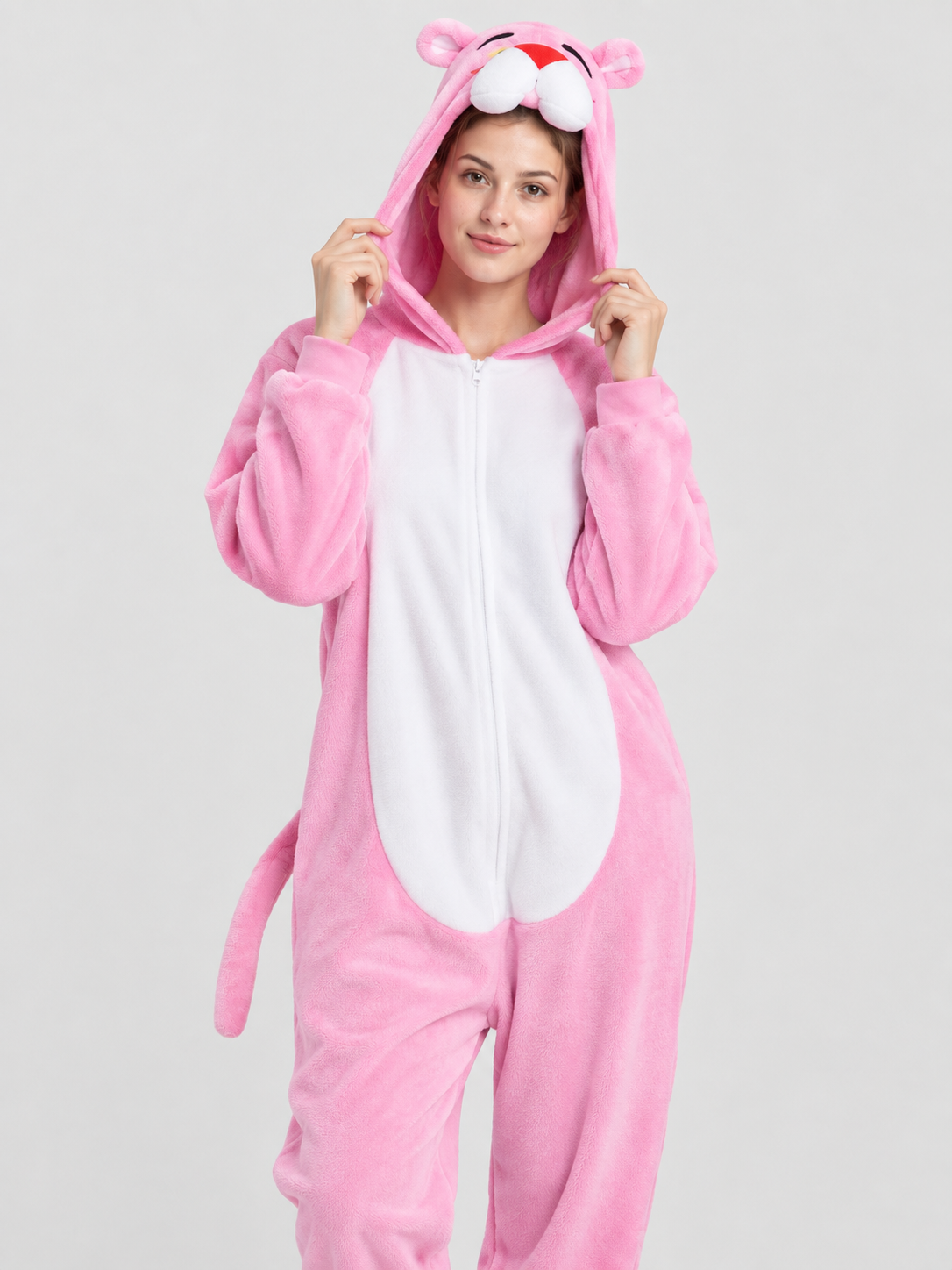 Pink Hooded Pajama Jumpsuit with Ears and Tail