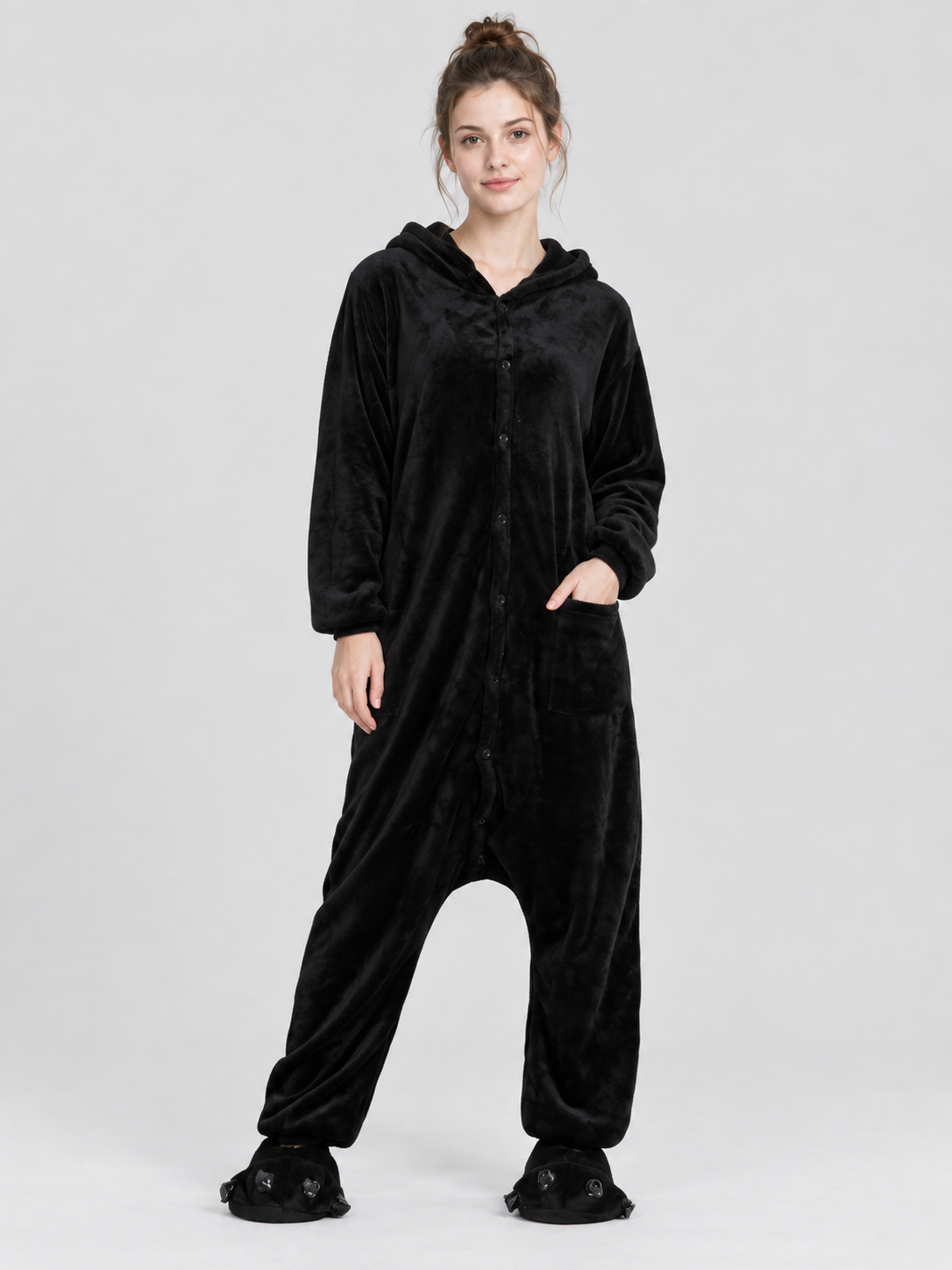 Black Fleece Hooded Pajama Jumpsuit with Pockets