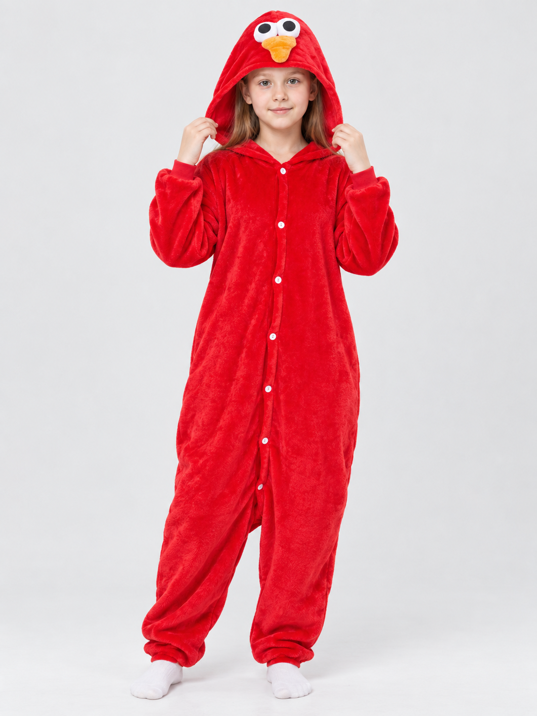 Red Flannel Kigurumi Jumpsuit with Bird Hood
