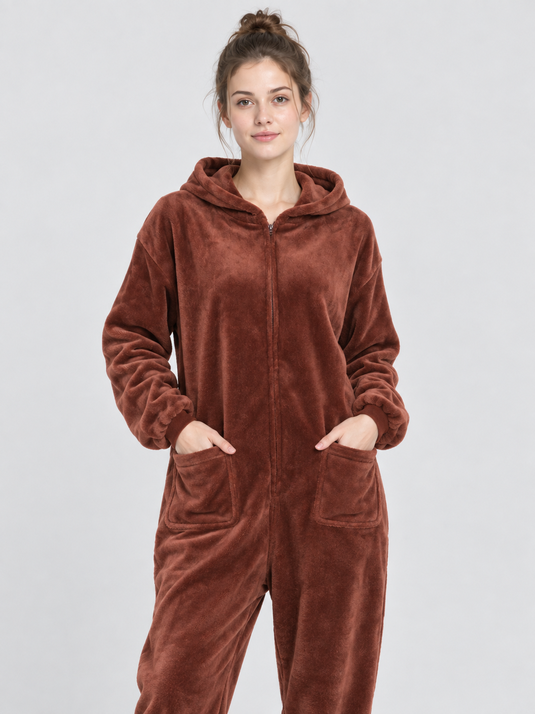Brown Hooded Flannel Pajama Jumpsuit