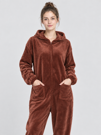 Brown Hooded Flannel Pajama Jumpsuit