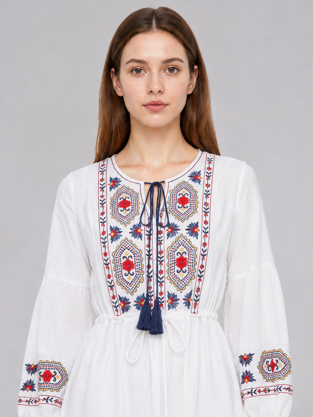 Midi Dress with Ethnic Embroidery and Tassel Costume Dresses detail 2