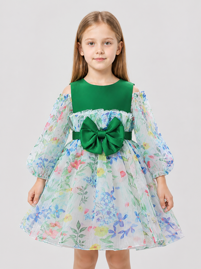 Dressy Girls’ Dress with Floral Print and Full Skirt
