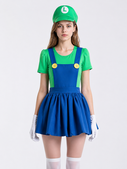 Green and Blue Luigi Costume with Hat and Gloves Costume Headwear detail 3