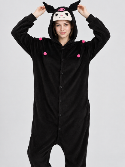 Black Fleece Hooded Pajama Jumpsuit with Ears