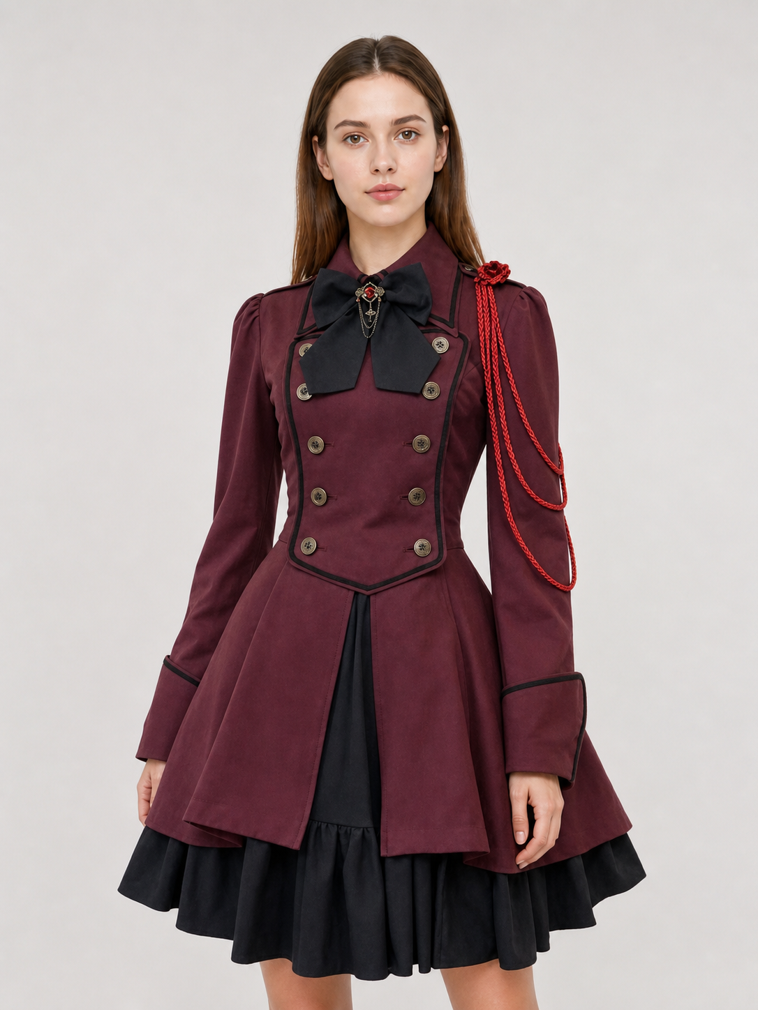 Gothic burgundy dress with sleeves and a bow