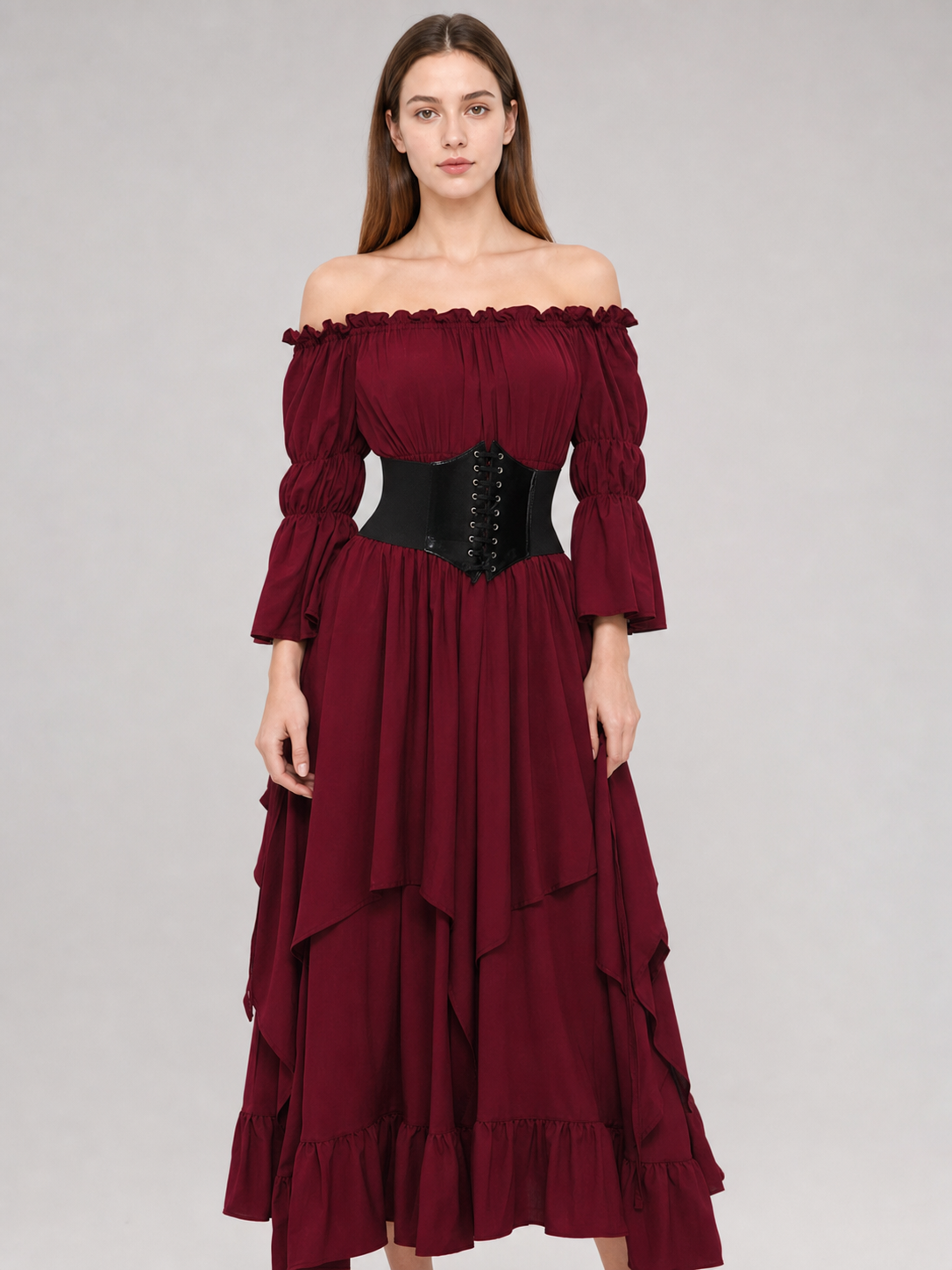 Burgundy Maxi Dress with Ruffles and Lace-Up Detail