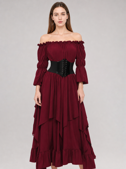 Burgundy Maxi Dress with Ruffles and Lace-Up Detail