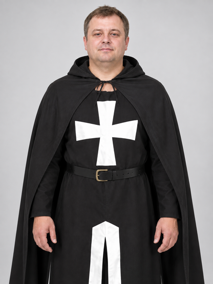 Black costume with white cross, hood, and belt