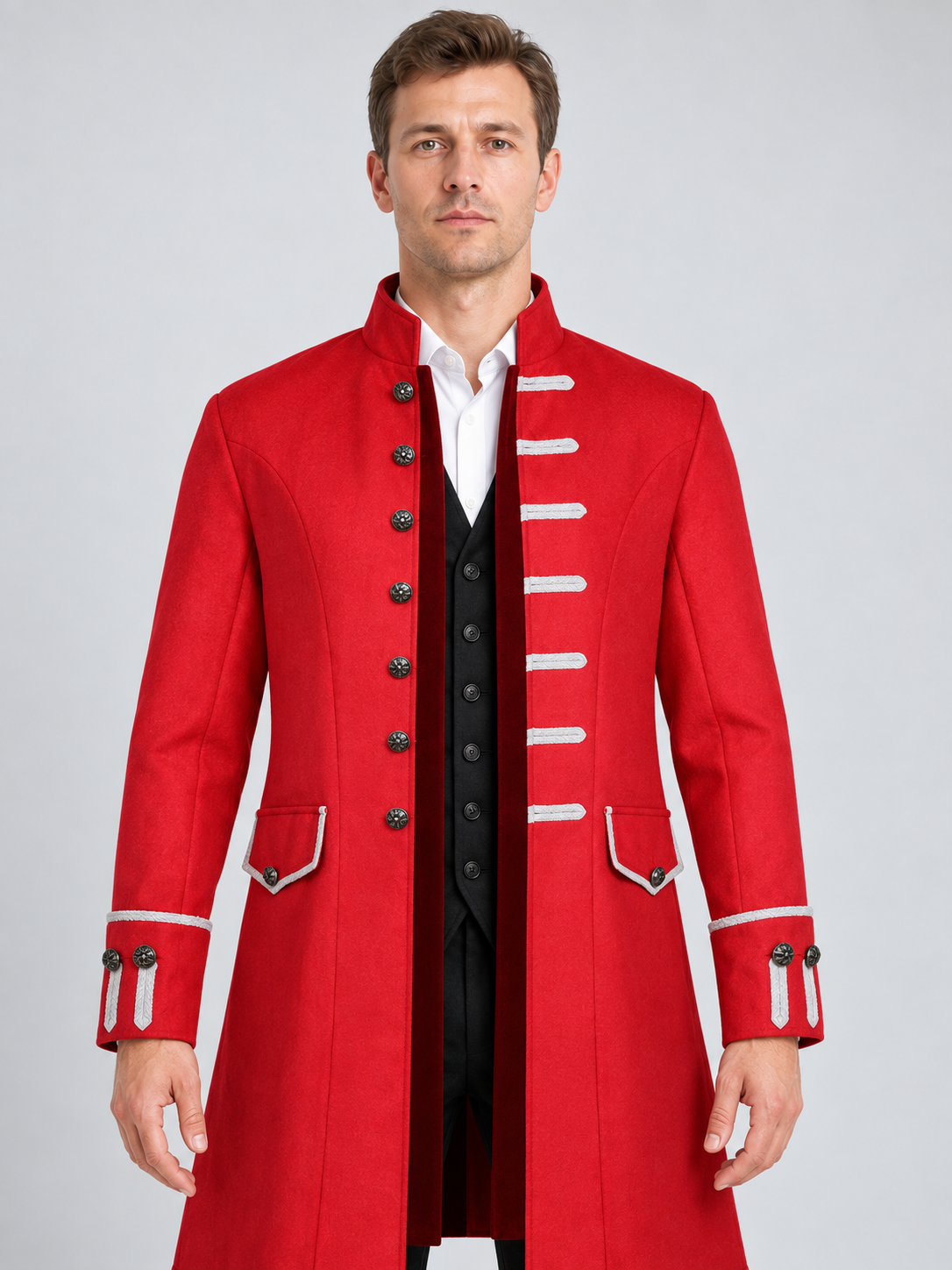 Long Red Frock Coat with Contrasting Trim