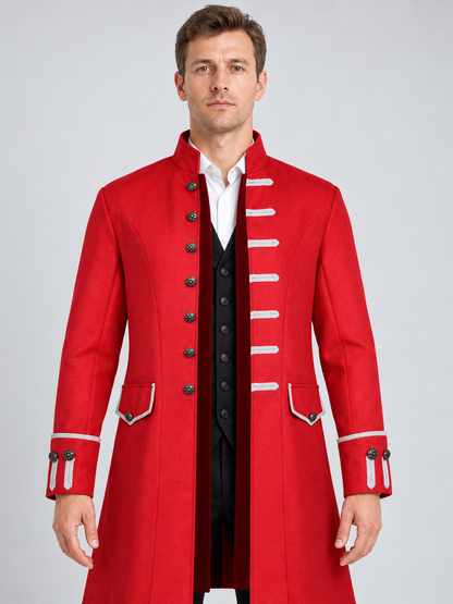 Long Red Frock Coat with Contrasting Trim