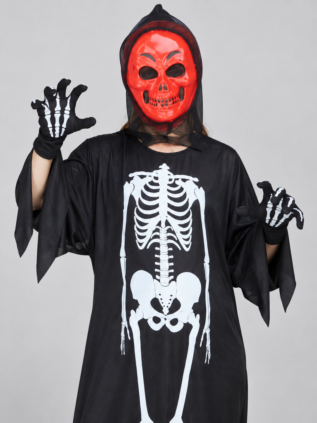 Skeleton Halloween Costume with Hood and White Print