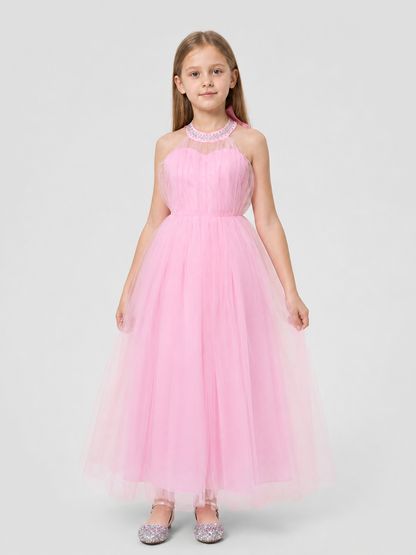 Pink Dress with a Full Skirt and Halter Neckline