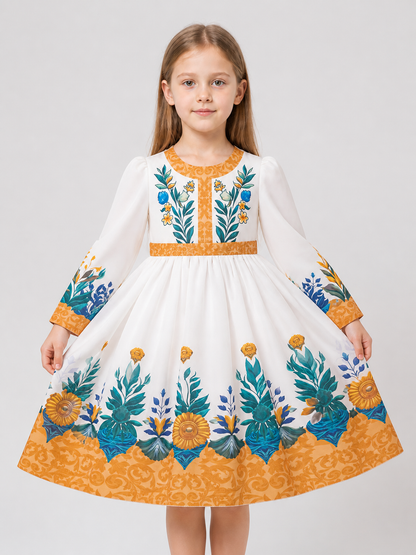 Girls' Floral Print Dress, Long Sleeves