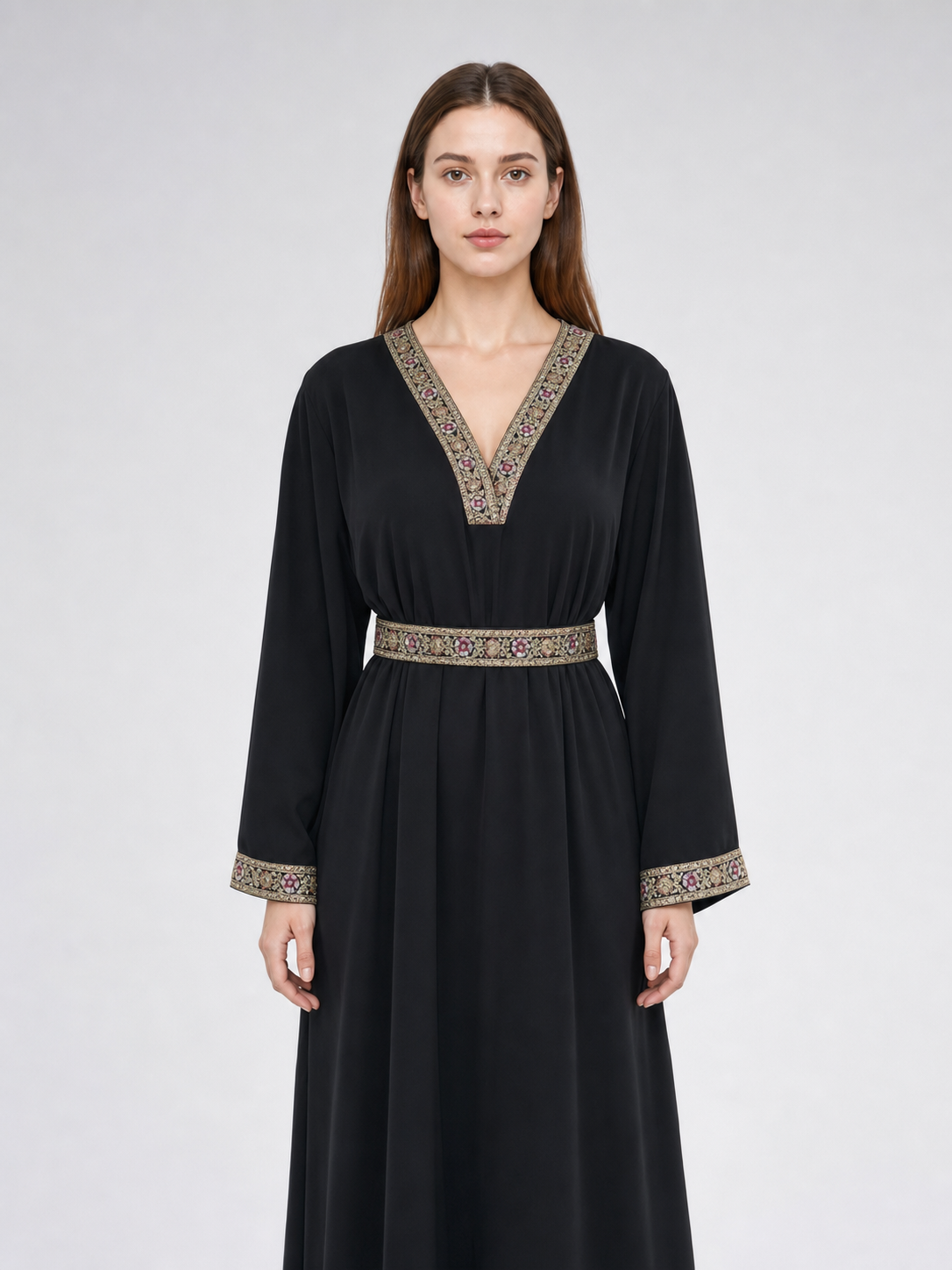 Maxi Dress with a V-Neckline and Embroidered Trim