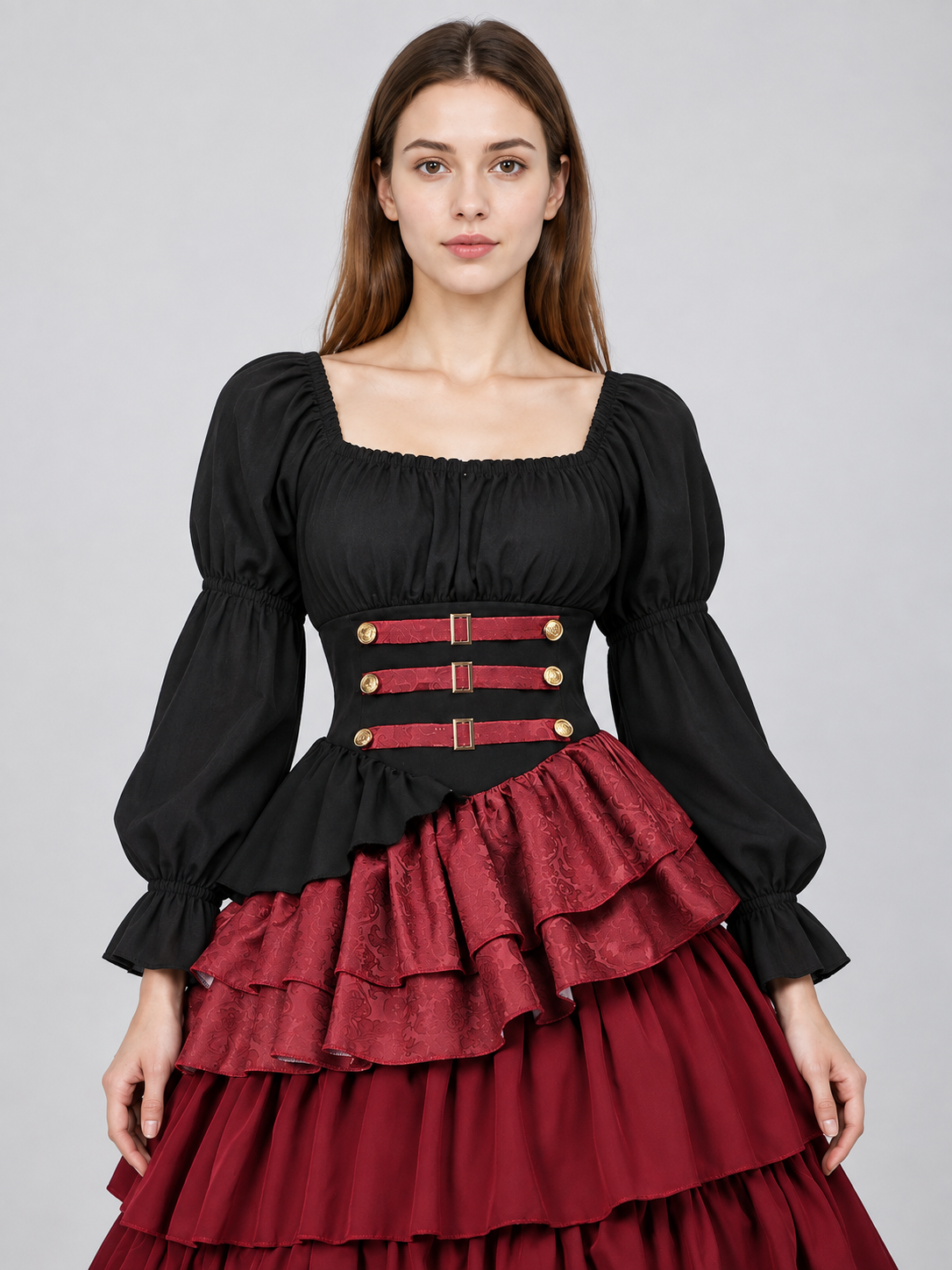 Burgundy-and-Black Tiered Skirt with Straps product detail 2
