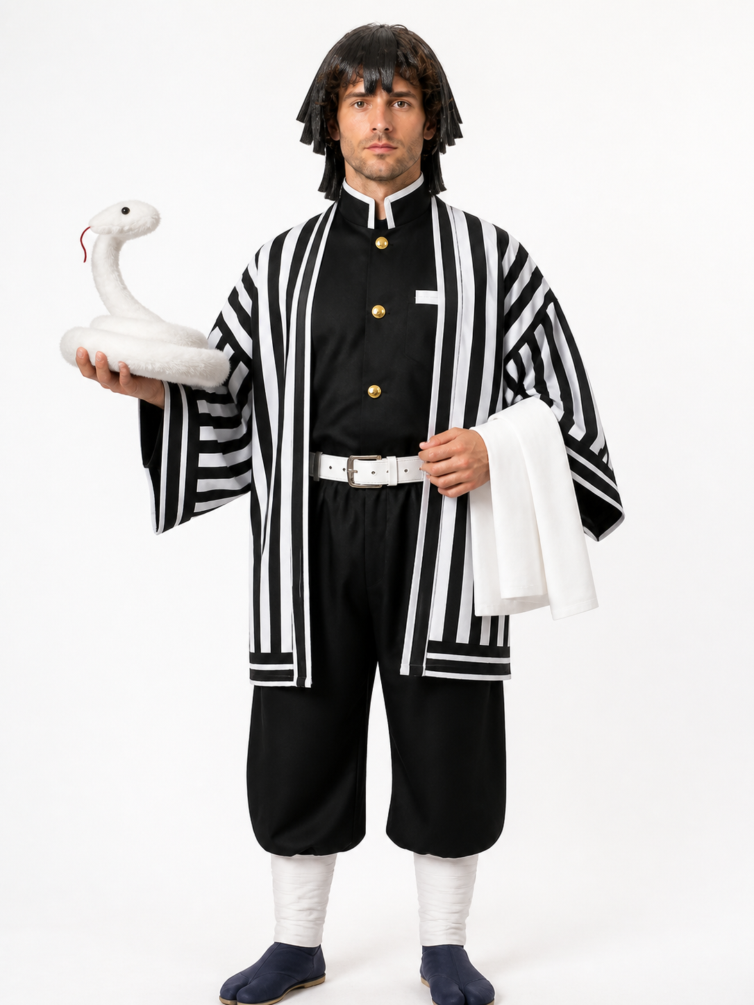 Obanai Iguro Cosplay Costume with Striped Kimono and Wig Costume Wigs detail 3