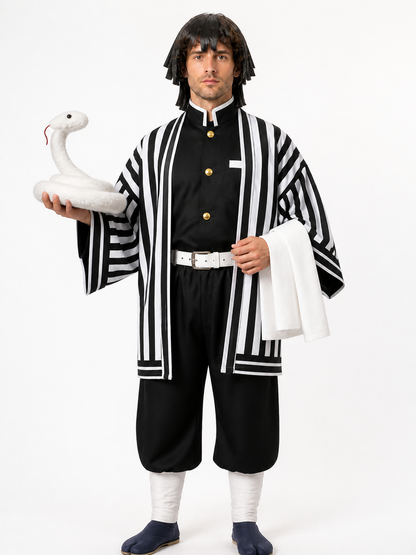 Obanai Iguro Cosplay Costume with Striped Kimono and Wig Costume Wigs detail 3