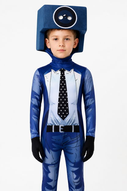 TV Man Cosplay Jumpsuit with Headpiece Costume Headwear detail 3