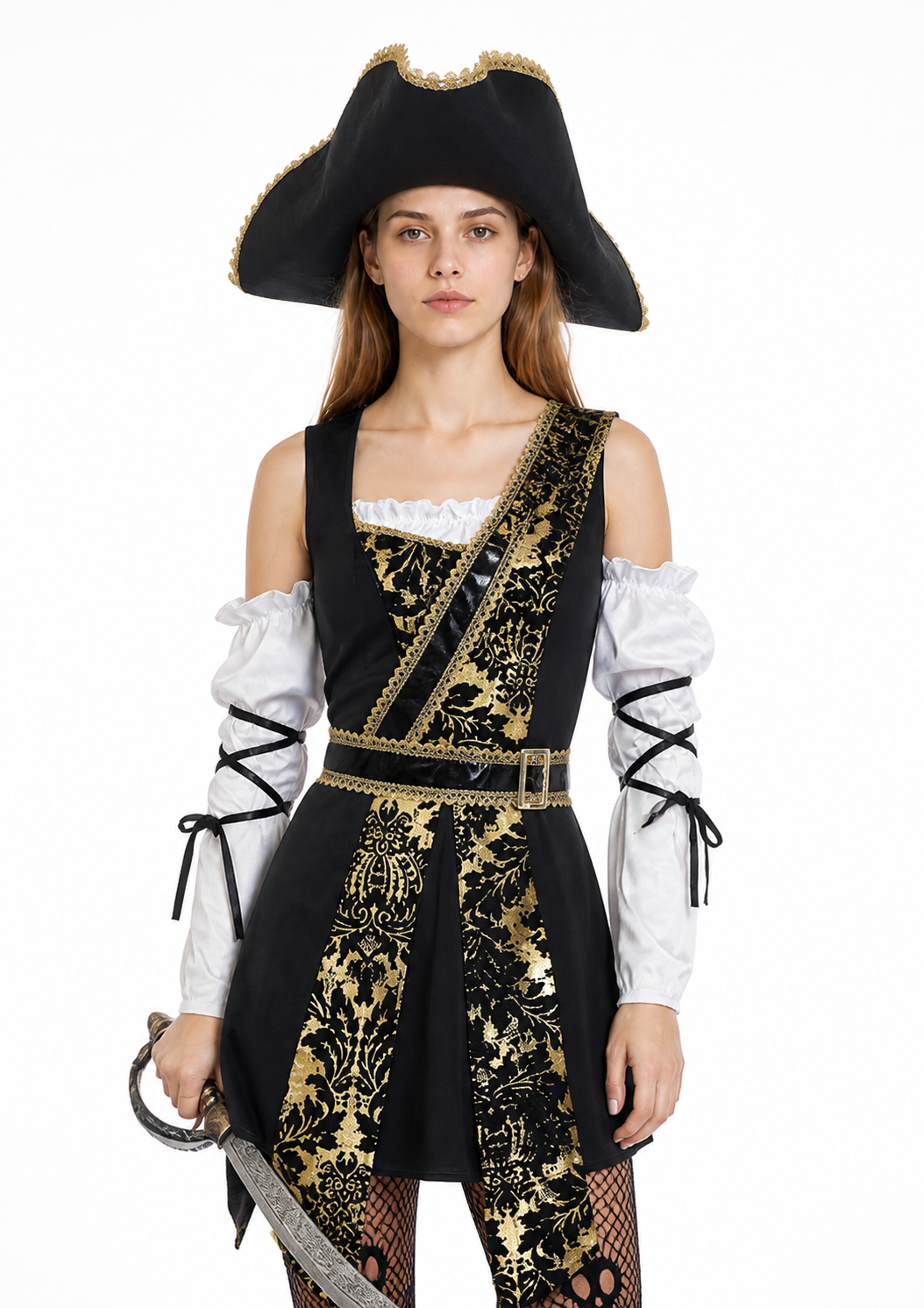 Baroque-Style Pirate Costume with Hat and Belt Costume Headwear detail 2