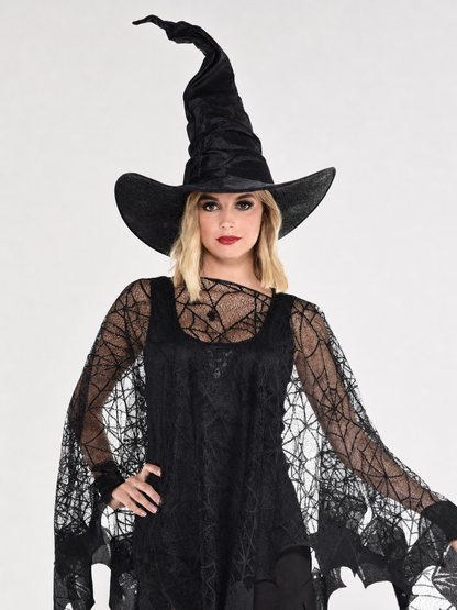 Witch Costume with Spiderweb Pattern and Pointed Hat