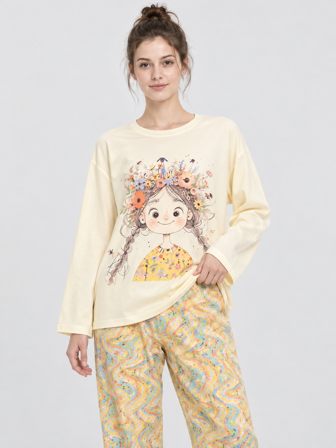 Pajama Set: Long-Sleeve Top and Long Printed Pants