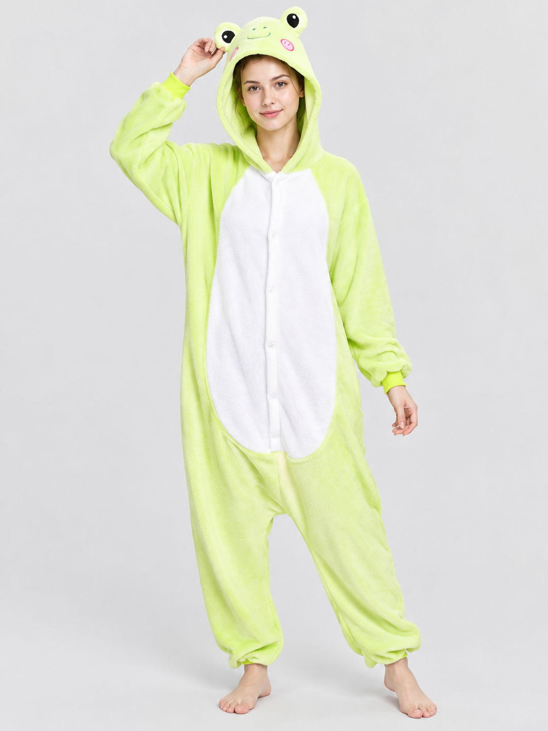 Hooded One-Piece Pajamas with Face Detail, Light Green