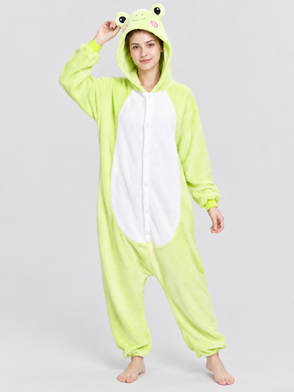 Hooded One-Piece Pajamas with Face Detail, Light Green