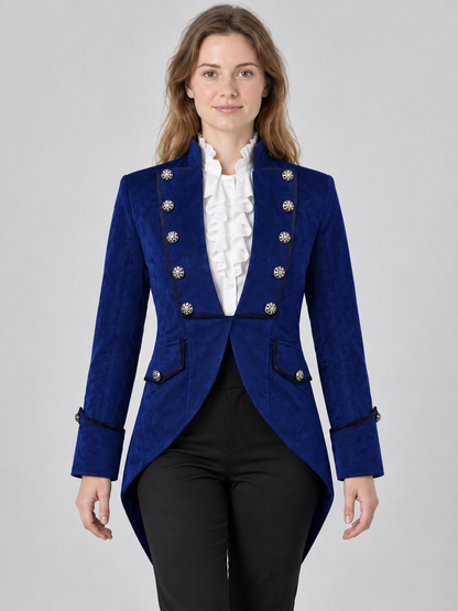 Blue long tailcoat with a stand collar and buttons