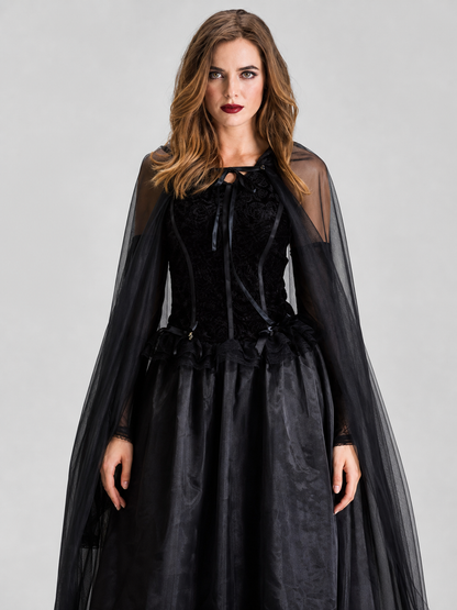 Gothic Black Dress with Cape and Lacing