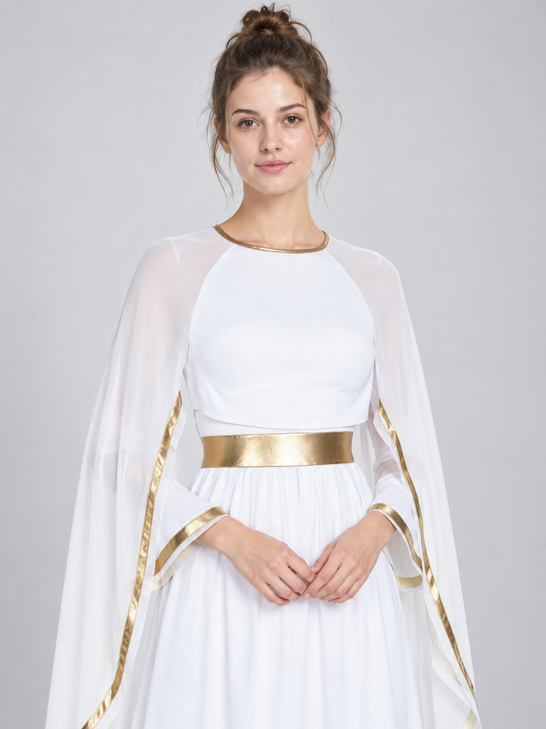 Floor-Length Dress with Gold Trim and Cape