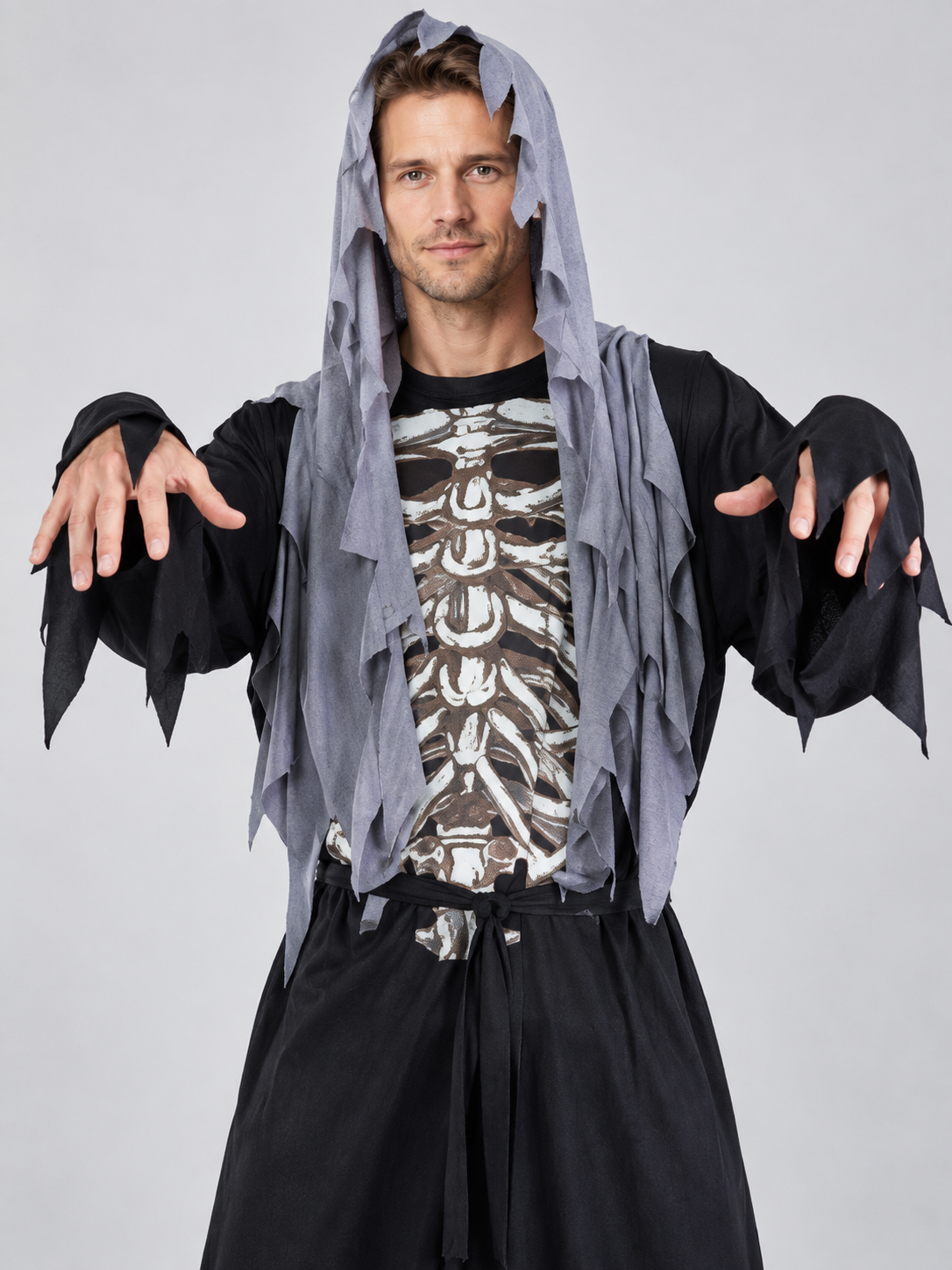 Vampire Halloween Costume with Hood and Skeleton Print