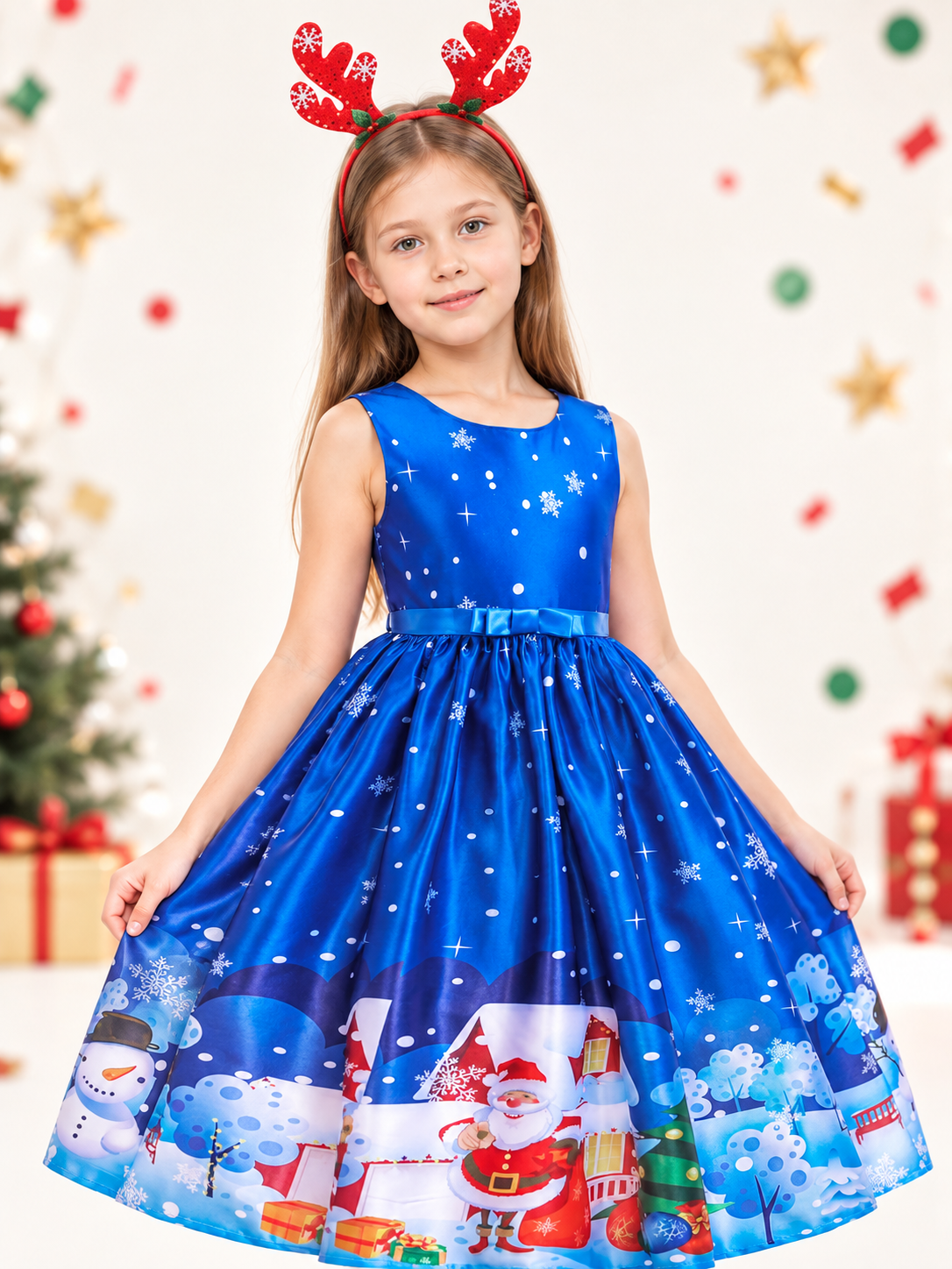 Blue children's holiday dress with Christmas print