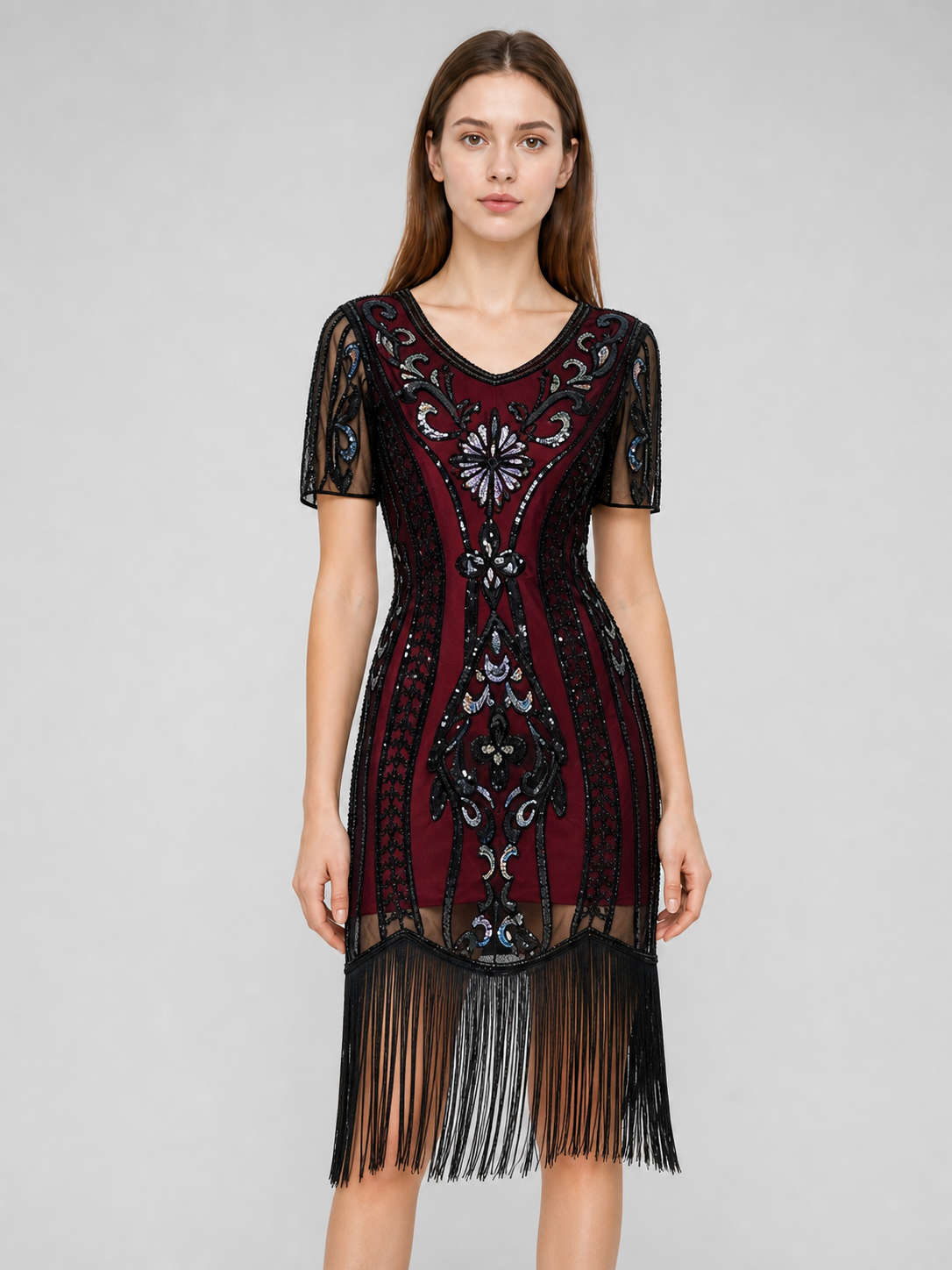 1920s-Style Evening Dress with Fringe and Sequins