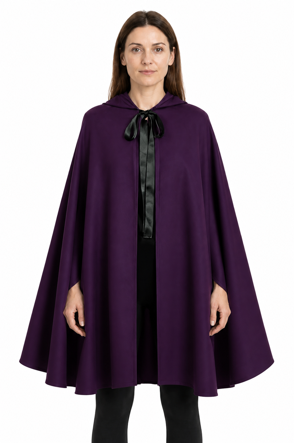 Purple Hooded Cape with a Wide Hem for Halloween upper body view