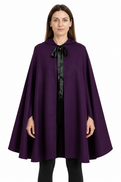 Purple Hooded Cape with a Wide Hem for Halloween upper body view