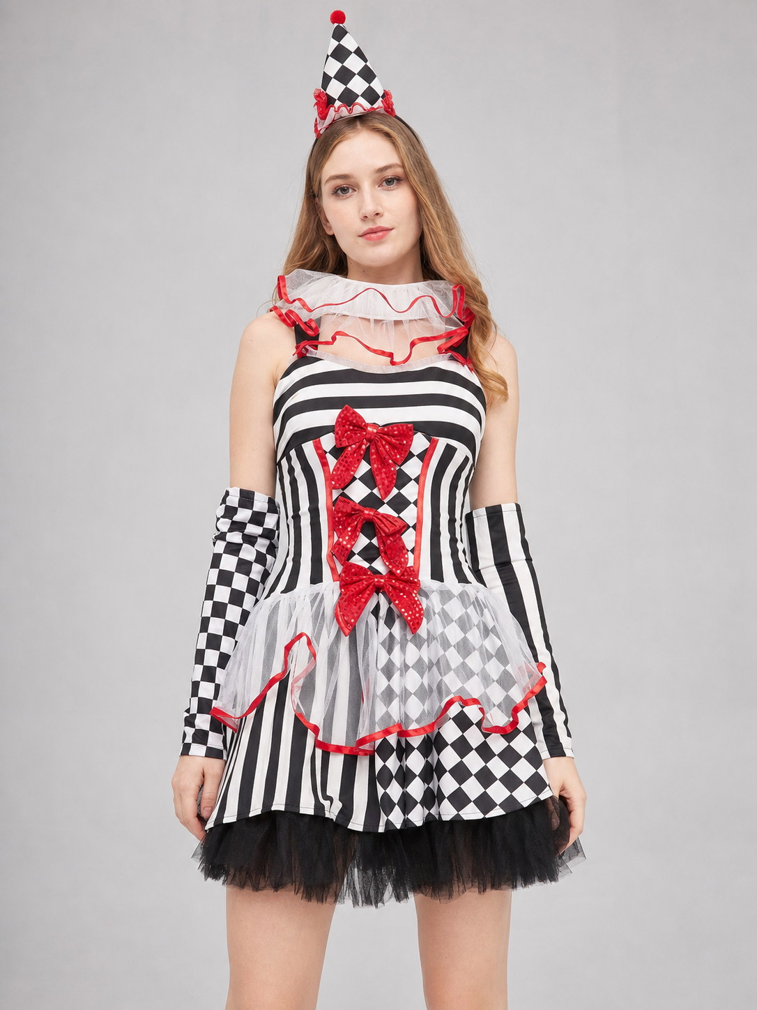 Clown Carnival Costume: Dress, Gloves, and Cap