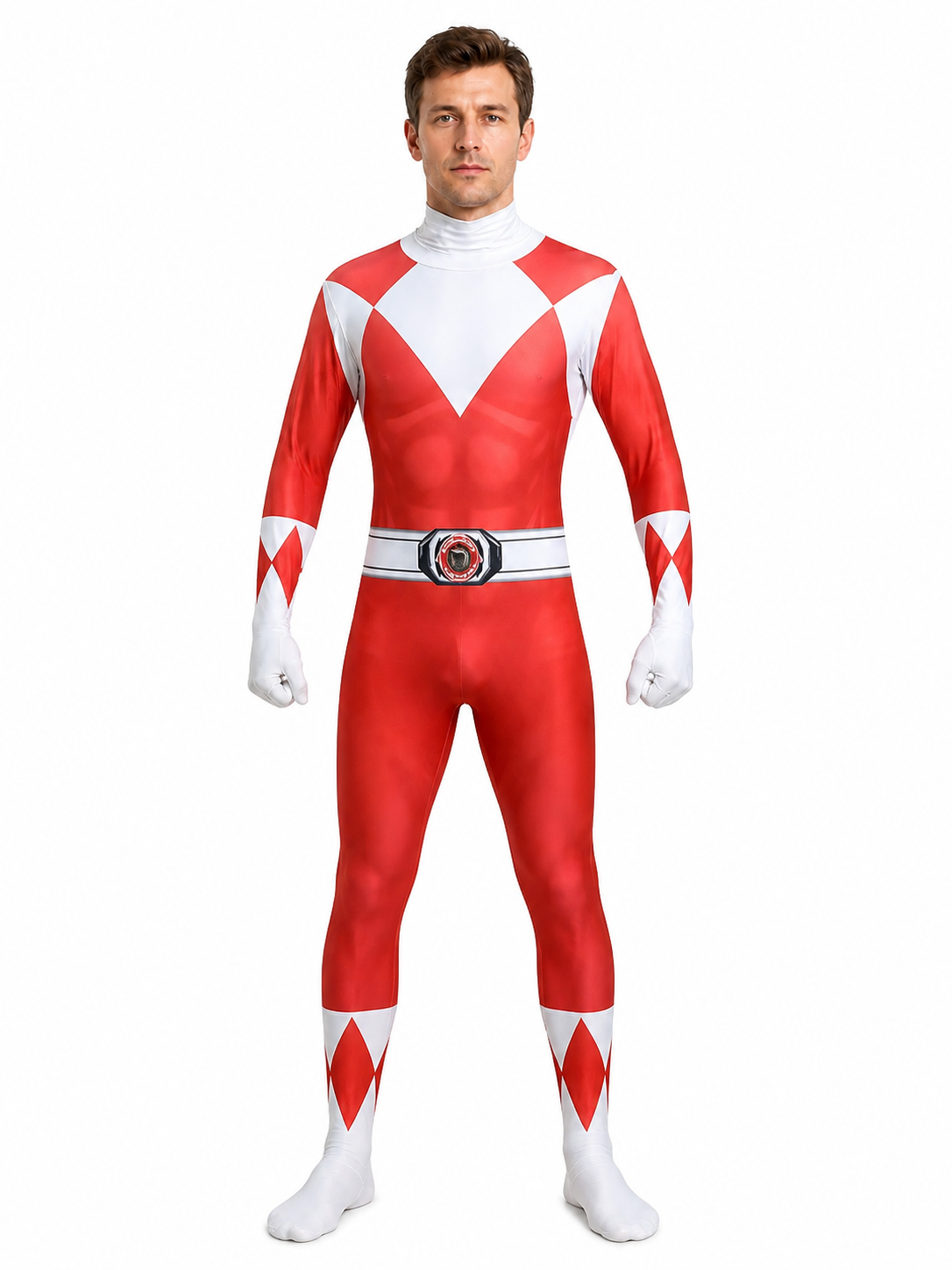 Red and White Superhero Jumpsuit with Mask Costume Masks detail 3