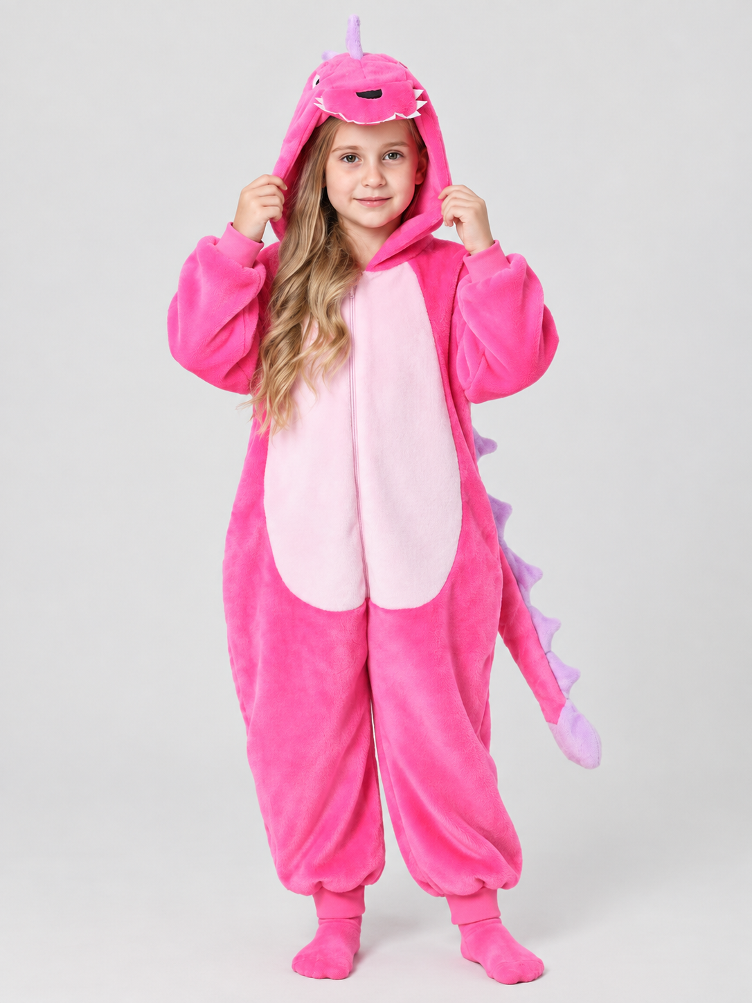Bright Pink Hooded Kigurumi Pajama with Spikes, One-Piece