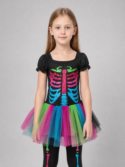 Skeleton costume with a multicolored skirt